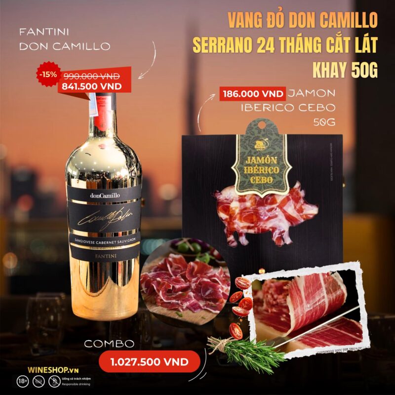 [SET CHILL 1-2 NGƯỜI] Vang Ý Don Camillo + Đùi Sau Heo Muối Iberico Cebo 24 Tháng Cắt Lát Khay 50g