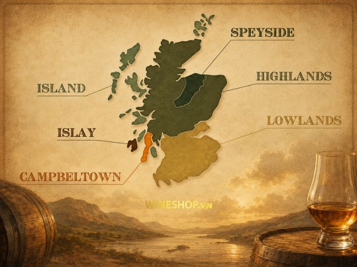 Bản đồ 6 vùng sản xuất Scotch Whisky tại Scotland: Speyside, Highlands, Lowlands, Islay, Campbeltown, Islands