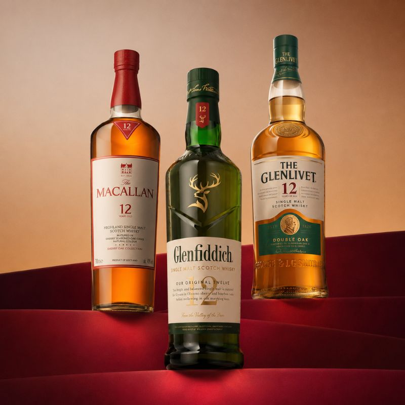 Chai whisky Speyside tiêu biểu The Macallan và Glenfiddich, phong cách ngọt trái cây