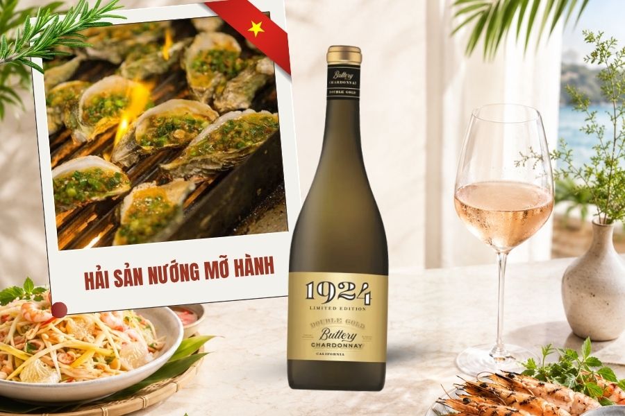 hải sản nướng mỡ hành cùng rượu vang chardonnay