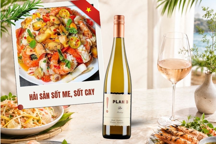 hải sản sốt me, sốt cay cân bằng với rượu vang trắng