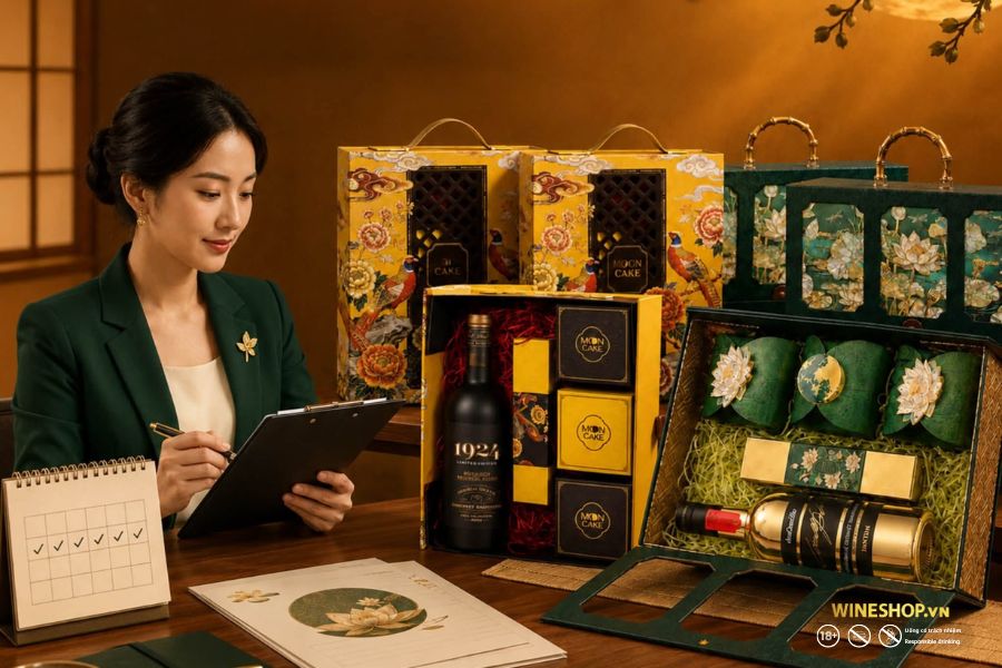 Các set quà khai xuân, tân gia gồm rượu vang và hộp quà họa tiết hoa màu vàng, xanh