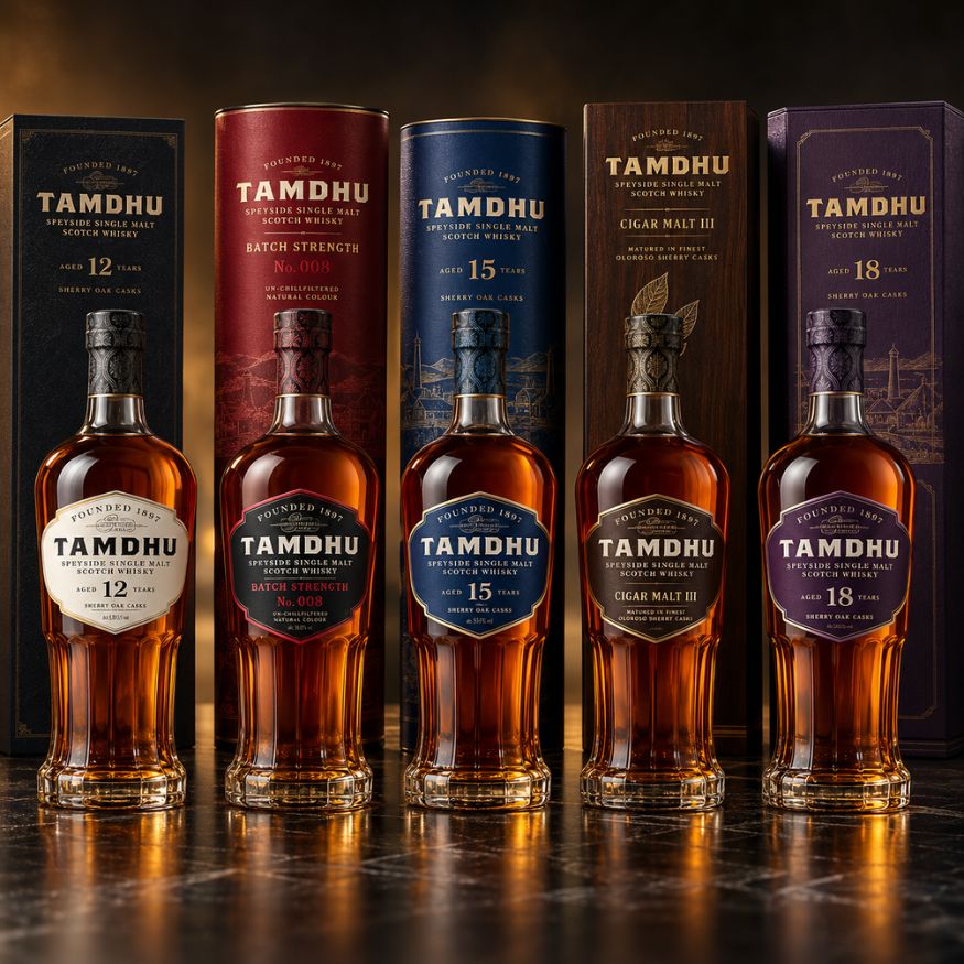 Năm chai Tamdhu ủ 100% sherry cask xếp theo thứ tự giá tăng dần tại WINESHOP.vn