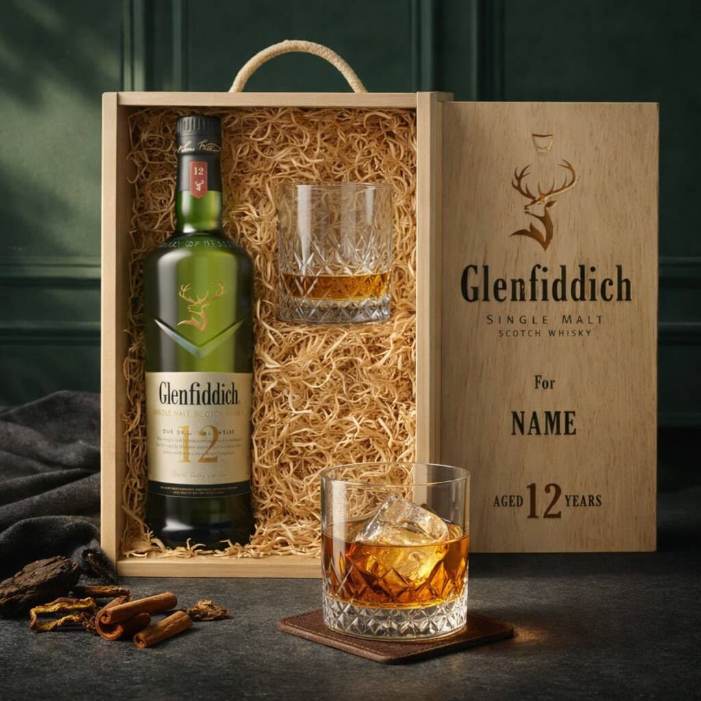 Hộp quà gỗ glenfiddich, whisky tặng bố